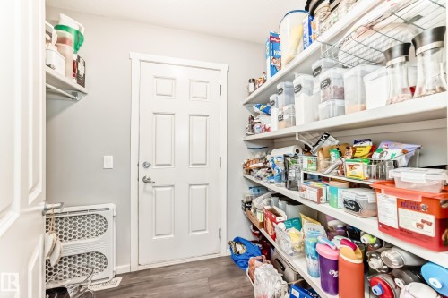 Dedicated pantry with extensive shelving, wood-finish flooring, and a white six-panel door - 267 Sturtz Bend, Leduc, AB - Indoor