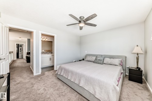 Carpeted bedroom featuring light gray walls and a ceiling fan - 267 Sturtz Bend, Leduc, AB - Indoor Photo Showing Bedroom