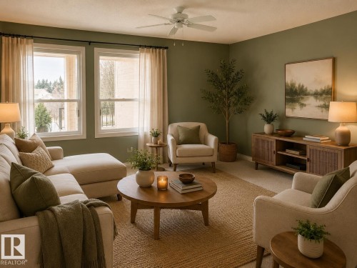 Living area featuring light green walls, a ceiling fan, and two large windows with white trim - 219 9535 176 Street, Edmonton, AB - Indoor Photo Showing Living Room