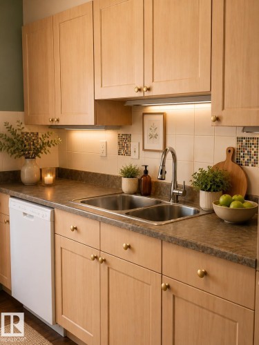 Kitchen featuring light wood-finish cabinetry with brass-toned hardware, laminate countertops, a double basin stainless steel sink, and a white dishwasher - 219 9535 176 Street, Edmonton, AB - Indoor Photo Showing Kitchen With Double Sink