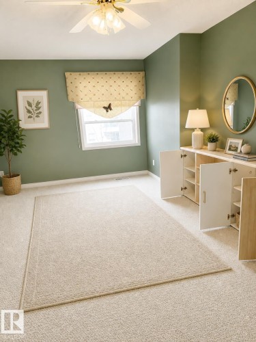 Carpeted interior space featuring a window with a patterned valance - 219 9535 176 Street, Edmonton, AB - Indoor