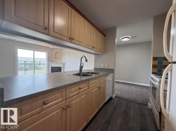 Kitchen featuring light wood-finish cabinetry, a dual basin sink with a gooseneck faucet, a white dishwasher, and dark wood-finish flooring - 