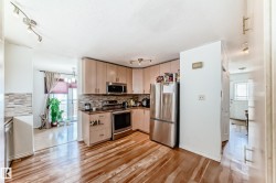 Modern kitchen featuring stainless steel appliances, light wood-finish cabinetry, a stone tile backsplash, dark countertops, and wood-finish flooring - 