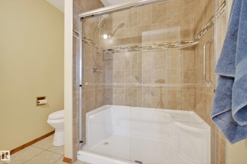 The bathroom features a tiled shower with a glass enclosure, a built-in shower seat, and a decorative tile accent band - 17 Austin Crescent, St. Albert, AB - Indoor Photo Showing Bathroom
