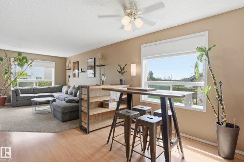 Open-concept living space featuring wood-finish flooring, a contemporary ceiling fan with integrated lighting, and multiple windows with white trim - 14017 156 Avenue, Edmonton, AB - Indoor