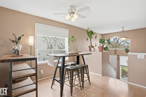 Open-concept living area featuring light wood-finish flooring, neutral wall tones, and multiple windows with white blinds - 14017 156 Avenue, Edmonton, AB - Indoor
