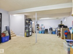 Carpeted lower level featuring a drop ceiling, painted walls, and structural support beams - 