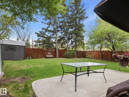 Spacious backyard featuring a concrete patio, expansive lawn, and mature trees - 18627 62A Avenue, Edmonton, AB - Outdoor With Backyard