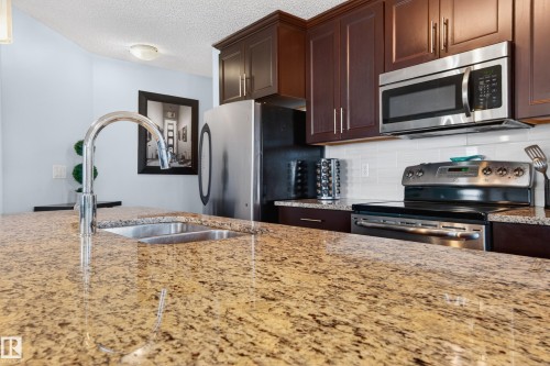 Granite countertops featuring an undermount sink and gooseneck faucet - 340 6076 Schonsee Way, Edmonton, AB - Indoor Photo Showing Kitchen With Stainless Steel Kitchen With Double Sink With Upgraded Kitchen