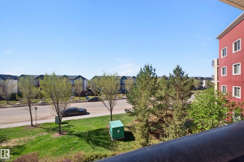 Street scene featuring a paved road, green lawns, and a variety of trees - 340 6076 Schonsee Way, Edmonton, AB - Outdoor