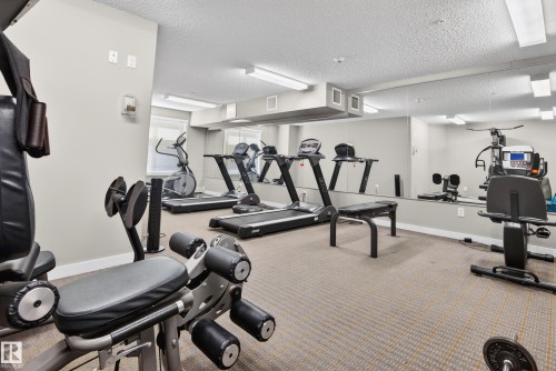 Dedicated fitness area featuring multiple exercise machines, mirrored wall, carpeted flooring, and recessed lighting - 340 6076 Schonsee Way, Edmonton, AB - Indoor Photo Showing Gym Room