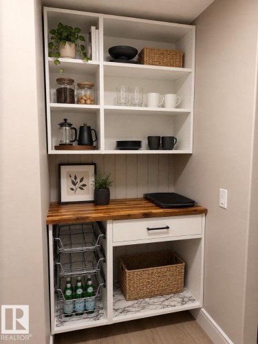 Built-in white cabinetry with a wood-finish countertop, open shelving, a white drawer with a matte black pull, and lower storage with a marble-patterned base - 648 178 Street, Edmonton, AB - Indoor