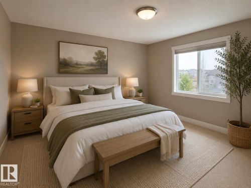 Spacious bedroom featuring neutral wall paint, carpet flooring, a large window with white trim, and a semi-flush mount ceiling light - 648 178 Street, Edmonton, AB - Indoor Photo Showing Bedroom
