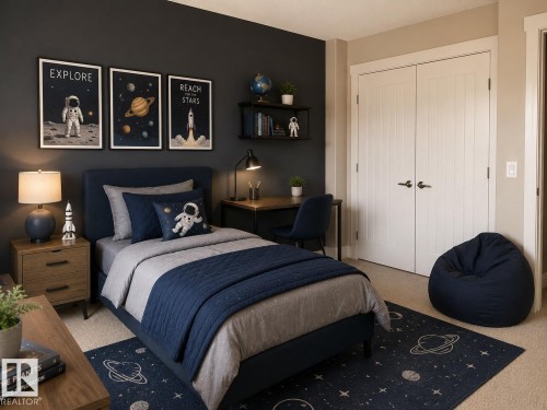 Bedroom featuring dark accent wall, light-toned carpeting, and a pair of white paneled double doors - 648 178 Street, Edmonton, AB - Indoor Photo Showing Bedroom