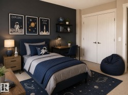 Bedroom featuring a dark accent wall, light neutral walls, and a light-toned carpet - 