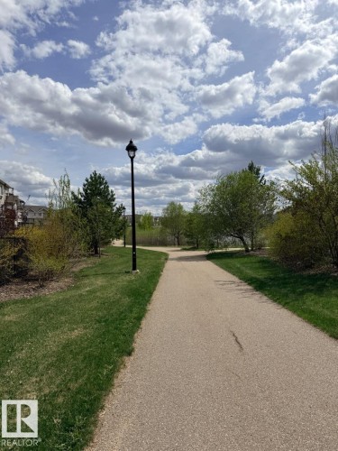 Paved pedestrian pathway bordered by manicured grass and mature trees - 648 178 Street, Edmonton, AB - Outdoor With View