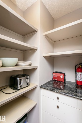 This pantry offers extensive shelving, a solid surface countertop, and white cabinetry with hardware - 9831 185 Street, Edmonton, AB - Indoor With Storage