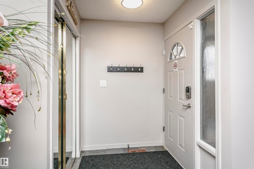 The property features a front door with a decorative transom window and an adjacent frosted glass sidelight - 9831 185 Street, Edmonton, AB - Indoor Photo Showing Other Room