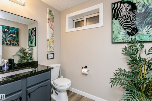 The bathroom features a vanity with a dark countertop and a white sink, a white toilet, and a window providing natural light - 9831 185 Street, Edmonton, AB - Indoor Photo Showing Bathroom