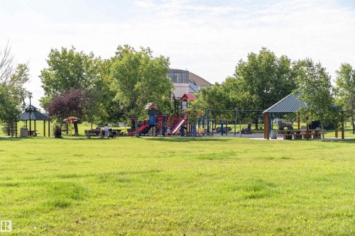 This property features a spacious green lawn, a playground with slides and swings, and two covered picnic areas with tables - 9831 185 Street, Edmonton, AB - Outdoor