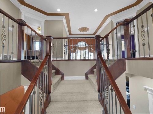 Split-level staircase featuring carpeted treads, dark wood-finish handrails, and decorative metal balusters - 1511 69 Street, Edmonton, AB - Indoor Photo Showing Other Room