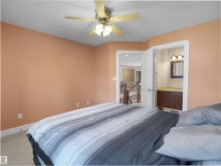 Carpeted room with a ceiling fan light fixture and warm-toned walls - 
