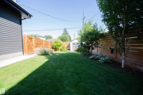 Expansive lawn area featuring a privacy fence, mature trees, landscaped planting beds, and a detached shed - 10611 146 Street Nw, Edmonton, AB - Outdoor