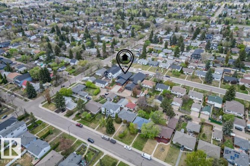 Aerial perspective showcasing a residential area with a diverse range of home styles - 10611 146 Street Nw, Edmonton, AB - Outdoor With View