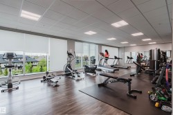 Dedicated fitness center featuring wood-finish flooring, extensive natural light from large windows, and a drop ceiling with integrated lighting - 