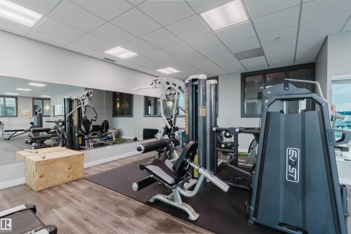 Dedicated fitness space featuring wood-finish flooring, a full-wall mirror, multiple large windows, and a drop ceiling with integrated lighting - 510 5151 Windermere Boulevard, Edmonton, AB - Indoor Photo Showing Gym Room