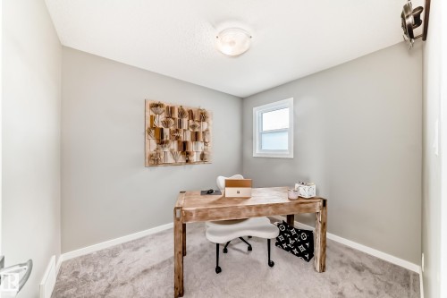 Recessed window with white trim, light gray painted walls, textured ceiling, flush-mount ceiling light fixture, and light gray carpeting - 38 Prospect Place, Spruce Grove, AB - Indoor Photo Showing Office