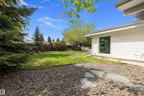 Expansive backyard featuring a manicured lawn, established landscaping, privacy fencing, and a stone path - 11525 37A Avenue Nw, Edmonton, AB - Outdoor