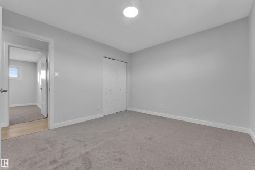 Neutral tone walls with white trim, gray carpet flooring, and a flush mount ceiling light - 5118 17A Avenue Nw, Edmonton, AB - Indoor Photo Showing Other Room