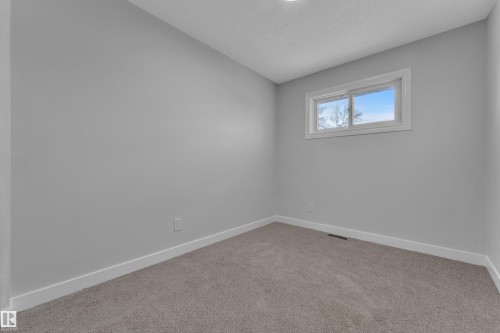 Neutral-toned room with light gray walls, white trim, and gray carpet - 5118 17A Avenue Nw, Edmonton, AB - Indoor Photo Showing Other Room