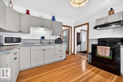 Light gray cabinetry with black hardware, wood-finish flooring, a black electric range with overhead ventilation, and a stainless steel sink with a goose-neck faucet - 