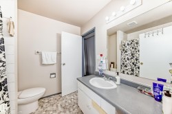 Bathroom featuring a vanity with an integrated sink, a large wall-mounted mirror, overhead vanity lighting, and mosaic tile flooring - 