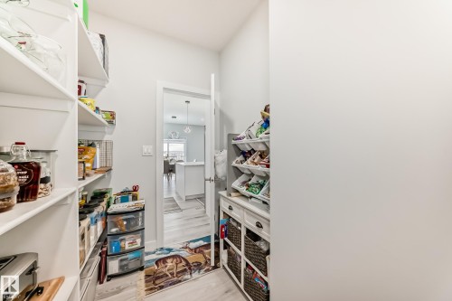 Well-organized pantry featuring extensive shelving, a storage unit with drawers and wicker baskets, and light-toned flooring - 4509 170A Avenue, Edmonton, AB - Indoor Photo Showing Other Room