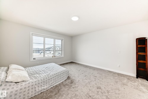 Spacious room featuring light-colored walls, grey carpet, and a large window providing natural light - 4509 170A Avenue, Edmonton, AB - Indoor Photo Showing Bedroom