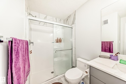 The bathroom features a shower with sliding glass doors, a toilet, and a vanity with a sink and mirror - 4509 170A Avenue, Edmonton, AB - Indoor Photo Showing Bathroom