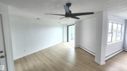 Spacious interior featuring light wood-finish flooring, a modern black ceiling fan, white baseboard trim, and a sliding glass door - 