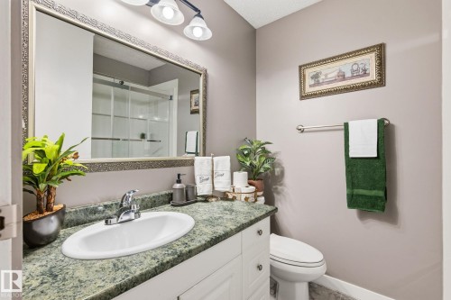 Bathroom vanity featuring an oval undermount sink, dual-handle chrome faucet, and a speckled green countertop - 15232 120 Nw, Edmonton, AB 