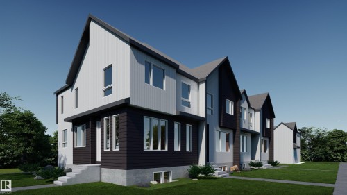 Contemporary townhome exterior featuring a striking gabled roofline, two-tone vertical siding, multiple large windows, and a concrete entry staircase - 10203 130 Avenue, Edmonton, AB 