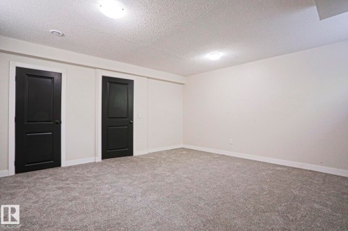 Spacious room featuring light gray carpet, two black panel doors with white trim, white walls, and flush-mount ceiling lighting - 82 Meadowview Point(E), Sherwood Park, AB - Indoor Photo Showing Other Room