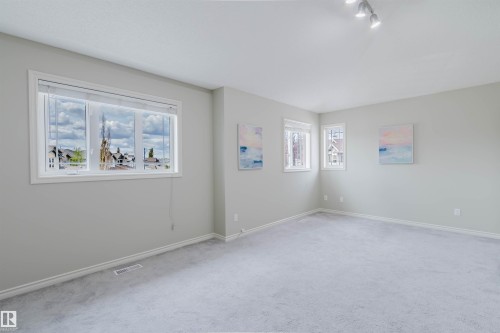 Spacious room featuring light gray walls, plush gray carpeting, white baseboards, and track lighting - 3534 Mclean Crescent, Edmonton, AB - Indoor Photo Showing Other Room