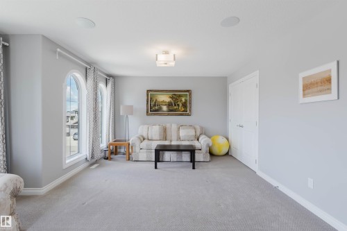 Spacious room featuring light grey carpeting and two arched windows - 3571 Keswick Boulevard, Edmonton, AB - Indoor Photo Showing Living Room