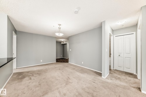 Living area featuring light grey walls, carpeted flooring, and a ceiling-mounted light fixture - 101 530 Watt Boulevard, Edmonton, AB - Indoor Photo Showing Other Room