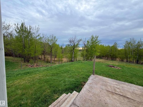Expansive outdoor deck with natural wood steps and a broad grassy area extending to a line of mature trees - 60016 Rr 41, Rural Barrhead County, AB - Outdoor