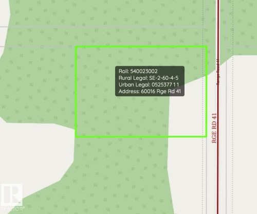 Property Information Overlay. Displaying the property's roll number, legal descriptions, and address - 60016 Rr 41, Rural Barrhead County, AB - Other