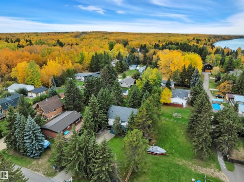 Expansive residential area featuring a diverse collection of homes amidst mature evergreen and deciduous trees, with a large body of water visible in the background - 305 3 St, Rural Wetaskiwin County, AB - Outdoor With View