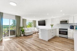Open-concept living space featuring wood-finish flooring, a contemporary kitchen island with a light-colored countertop, white cabinetry, and stainless steel appliances - 